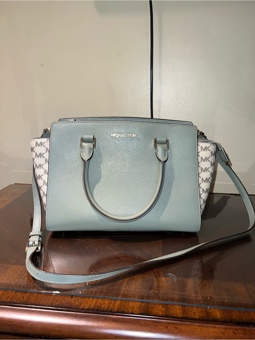 Michael Kors Saffiano Leather Satchel in Sage Green with MK Logo Sides